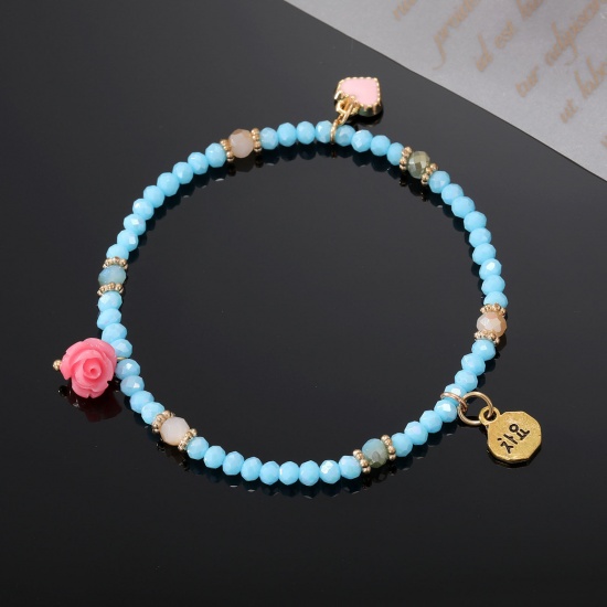 Image de Bracelets Raffinés Bracelets Délicats Bracelet de Perles Style Bohème en Verre au Chalumeau Multicolore Rose Cœur Elastique 16cm long, 1 Pièce
