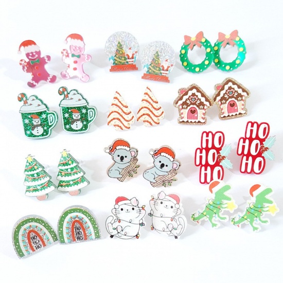 Picture of Acrylic Christmas Ear Post Stud Earrings Silver Tone Multicolor Christmas Santa Claus