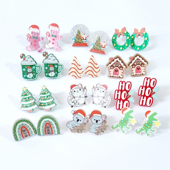 Picture of Acrylic Christmas Ear Post Stud Earrings Silver Tone Multicolor Christmas Santa Claus