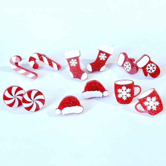 Bild von Acryl Weihnachten Ohrring Ohrstecker Silberfarbe Weiß & Rot Weihnachten Schneeflocke 1 Paar