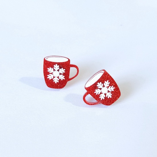 Picture of Acrylic Christmas Ear Post Stud Earrings Silver Tone White & Red Christmas Snowflake