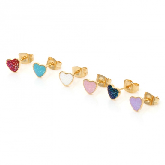 Immagine di 316 Acciaio inossidabile San Valentino Orecchini a Perno Oro Placcato Multicolore Brillio Cuore Smalto 6.3mm x 5.6mm, Posta / Filo Dimensione: (21 misura), 1 Paio