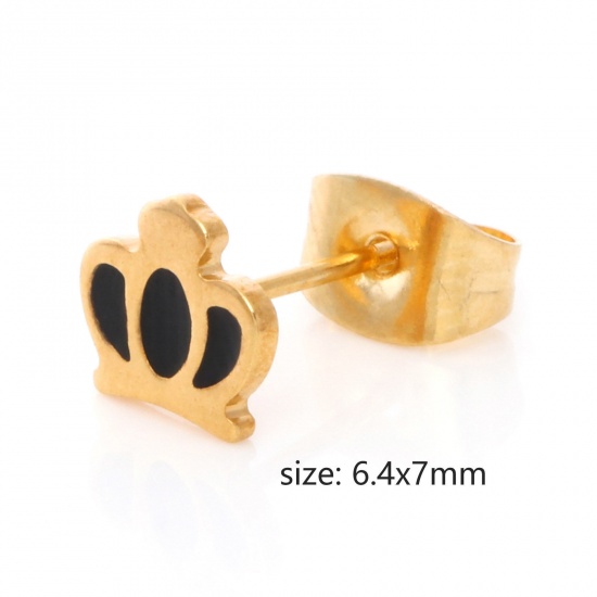 Bild von 316 Edelstahl Stilvoll Ohrring Ohrstecker Vergoldet Bunt Kaiserkrone Emaille 6.4mm x 7mm, Drahtstärke: (21 gauge), 1 Paar