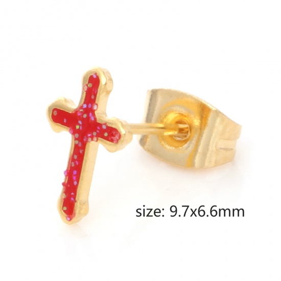 Picture of 316 Stainless Steel Religious Ear Post Stud Earrings Gold Plated Multicolor Glitter Cross Enamel 9.7mm x 6.6mm