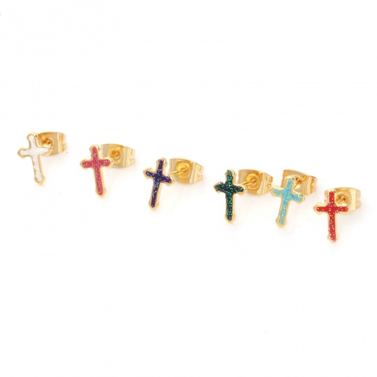 Picture of 316 Stainless Steel Religious Ear Post Stud Earrings Gold Plated Multicolor Glitter Cross Enamel 9.7mm x 6.6mm