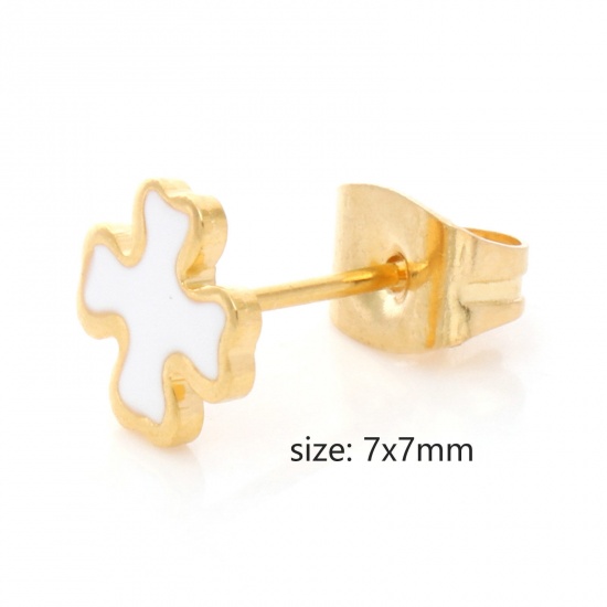 Picture of 316 Stainless Steel Religious Ear Post Stud Earrings Gold Plated Multicolor Cross Enamel 7mm x 7mm