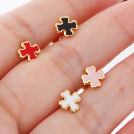 Picture of 316 Stainless Steel Religious Ear Post Stud Earrings Gold Plated Multicolor Cross Enamel 7mm x 7mm