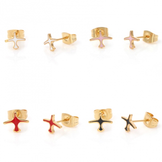 Picture of 316 Stainless Steel Stylish Ear Post Stud Earrings Gold Plated Multicolor Airplane Enamel 8mm x 6mm