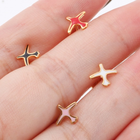 Picture of 316 Stainless Steel Stylish Ear Post Stud Earrings Gold Plated Multicolor Airplane Enamel 8mm x 6mm