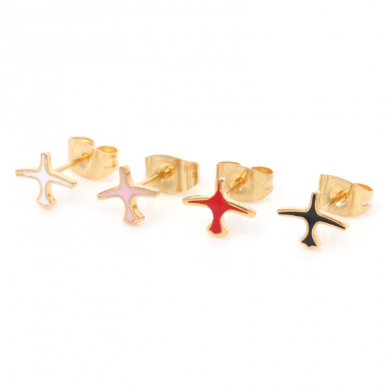 Picture of 316 Stainless Steel Stylish Ear Post Stud Earrings Gold Plated Multicolor Airplane Enamel 8mm x 6mm