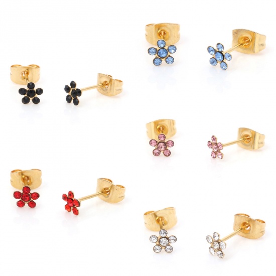 Picture of 316 Stainless Steel Stylish Ear Post Stud Earrings Gold Plated Multicolor Flower Multicolor Rhinestone 5mm Dia.