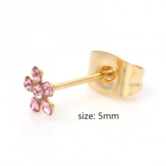 Picture of 316 Stainless Steel Stylish Ear Post Stud Earrings Gold Plated Multicolor Flower Multicolor Rhinestone 5mm Dia.