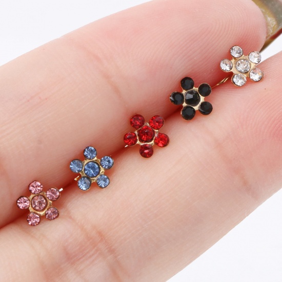 Picture of 316 Stainless Steel Stylish Ear Post Stud Earrings Gold Plated Multicolor Flower Multicolor Rhinestone 5mm Dia.