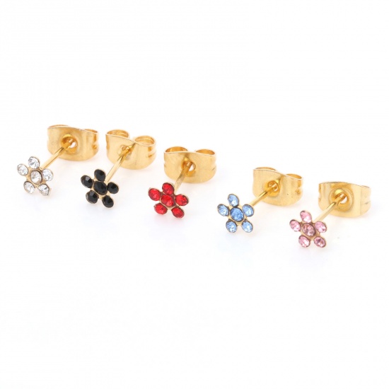 Picture of 316 Stainless Steel Stylish Ear Post Stud Earrings Gold Plated Multicolor Flower Multicolor Rhinestone 5mm Dia.