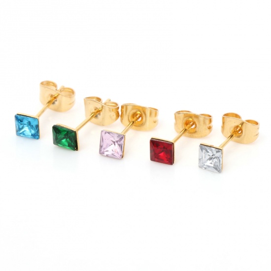 Bild von 316 Edelstahl Stilvoll Ohrring Ohrstecker Vergoldet Bunt Quadrat Bunt Strass 4mm x 4mm, Drahtstärke: (21 gauge), 1 Paar