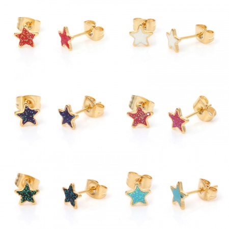 316 Stainless Steel Stylish Ear Post Stud Earrings Gold Plated Multicolor Glitter Pentagram Star Enamel 6.7mm x 6.7mm