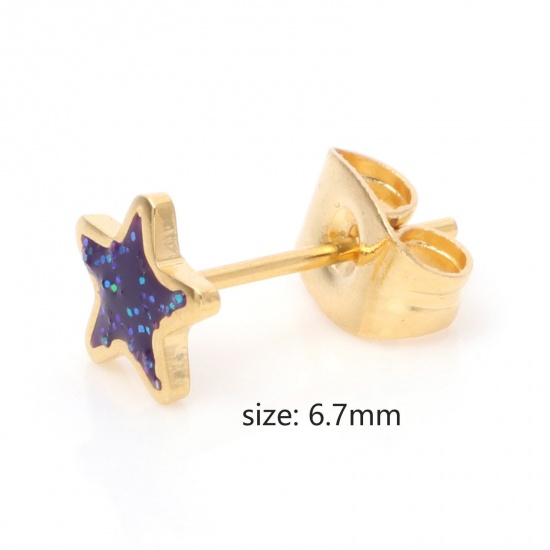 Picture of 316 Stainless Steel Stylish Ear Post Stud Earrings Gold Plated Multicolor Glitter Pentagram Star Enamel 6.7mm x 6.7mm