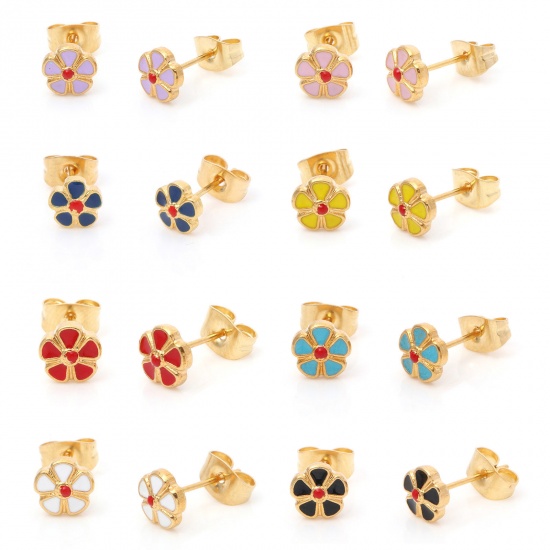 Image de Boucles d'Oreilles Puces en 316 Acier Inoxydable Élégant Doré Multicolore Fleur Émail 6.5mm Dia., Epaisseur de Fil: (21 gauge), 1 Paire