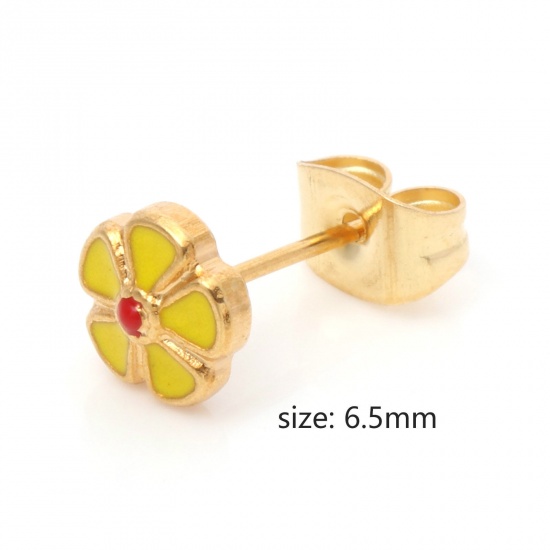 Image de Boucles d'Oreilles Puces en 316 Acier Inoxydable Élégant Doré Multicolore Fleur Émail 6.5mm Dia., Epaisseur de Fil: (21 gauge), 1 Paire