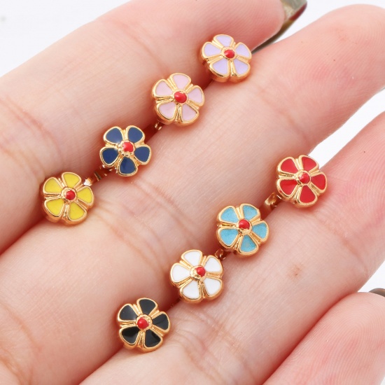 Image de Boucles d'Oreilles Puces en 316 Acier Inoxydable Élégant Doré Multicolore Fleur Émail 6.5mm Dia., Epaisseur de Fil: (21 gauge), 1 Paire