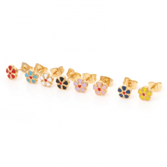 Image de Boucles d'Oreilles Puces en 316 Acier Inoxydable Élégant Doré Multicolore Fleur Émail 6.5mm Dia., Epaisseur de Fil: (21 gauge), 1 Paire