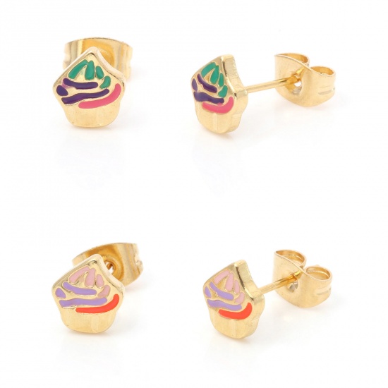 Picture of 316 Stainless Steel Stylish Ear Post Stud Earrings Gold Plated Multicolor Ice Cream Enamel 7.3mm x 6.5mm