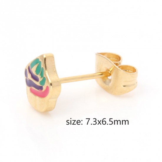 Picture of 316 Stainless Steel Stylish Ear Post Stud Earrings Gold Plated Multicolor Ice Cream Enamel 7.3mm x 6.5mm