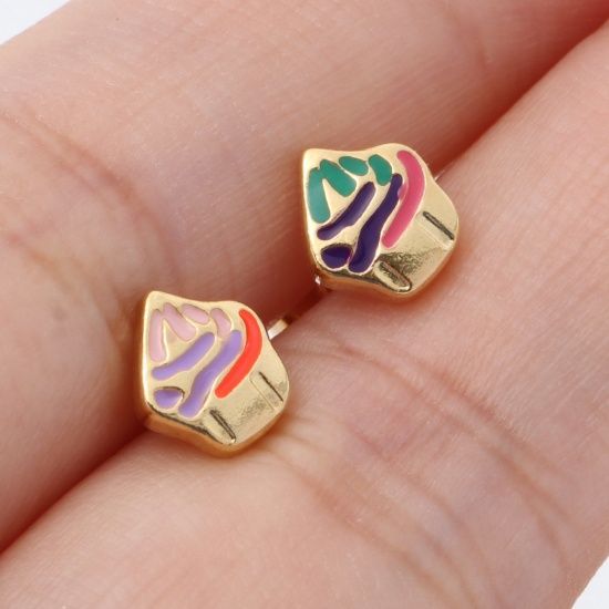 Picture of 316 Stainless Steel Stylish Ear Post Stud Earrings Gold Plated Multicolor Ice Cream Enamel 7.3mm x 6.5mm