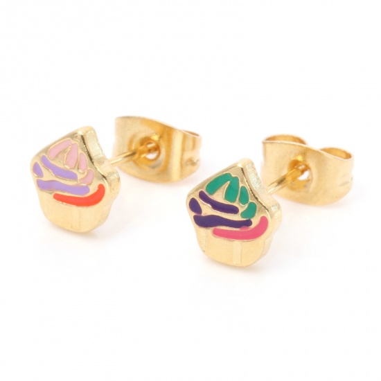 Picture of 316 Stainless Steel Stylish Ear Post Stud Earrings Gold Plated Multicolor Ice Cream Enamel 7.3mm x 6.5mm