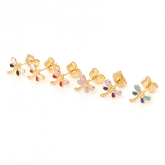 Picture of 316 Stainless Steel Insect Ear Post Stud Earrings Gold Plated Multicolor Dragonfly Animal Enamel 8mm x 8mm