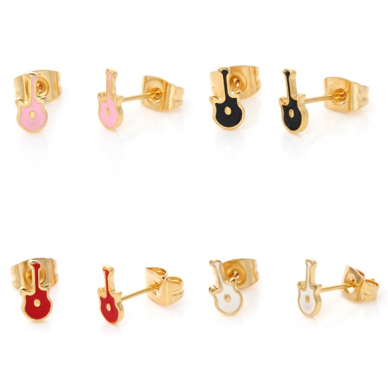 Picture of 316 Stainless Steel Stylish Ear Post Stud Earrings Gold Plated Guitar Musical Instrument Enamel 7.9mm x 4mm