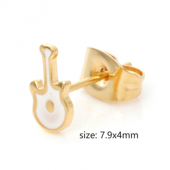 Picture of 316 Stainless Steel Stylish Ear Post Stud Earrings Gold Plated Guitar Musical Instrument Enamel 7.9mm x 4mm