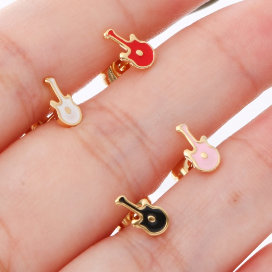 Picture of 316 Stainless Steel Stylish Ear Post Stud Earrings Gold Plated Guitar Musical Instrument Enamel 7.9mm x 4mm