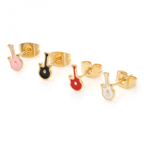 Picture of 316 Stainless Steel Stylish Ear Post Stud Earrings Gold Plated Guitar Musical Instrument Enamel 7.9mm x 4mm