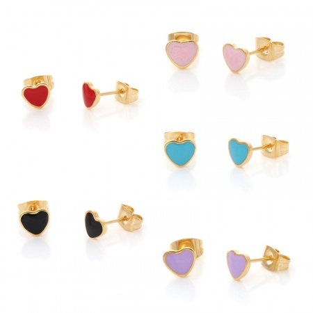 316 Stainless Steel Valentine's Day Ear Post Stud Earrings Gold Plated Multicolor Heart Enamel 6.4mm x 5.6mm
