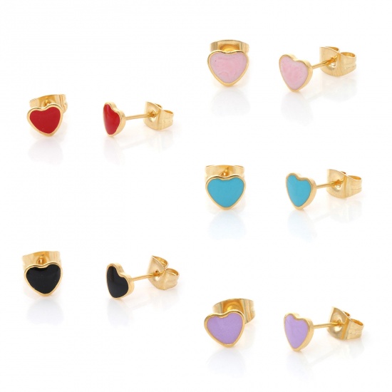 Picture of 316 Stainless Steel Valentine's Day Ear Post Stud Earrings Gold Plated Multicolor Heart Enamel 6.4mm x 5.6mm
