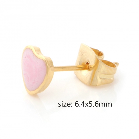 Picture of 316 Stainless Steel Valentine's Day Ear Post Stud Earrings Gold Plated Multicolor Heart Enamel 6.4mm x 5.6mm