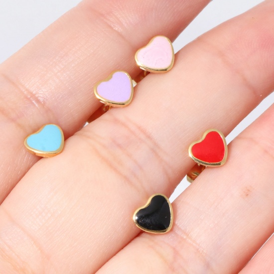 Picture of 316 Stainless Steel Valentine's Day Ear Post Stud Earrings Gold Plated Multicolor Heart Enamel 6.4mm x 5.6mm