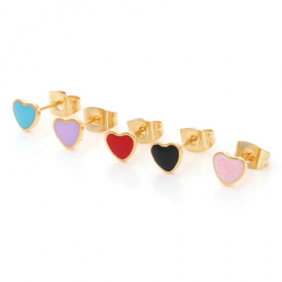 Picture of 316 Stainless Steel Valentine's Day Ear Post Stud Earrings Gold Plated Multicolor Heart Enamel 6.4mm x 5.6mm