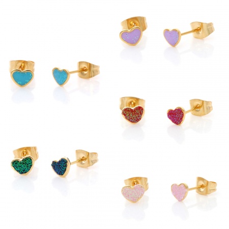 316 Stainless Steel Valentine's Day Ear Post Stud Earrings Gold Plated Multicolor Glitter Heart Enamel 5.8mm x 4.5mm