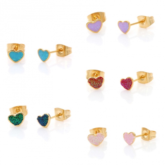 Picture of 316 Stainless Steel Valentine's Day Ear Post Stud Earrings Gold Plated Multicolor Glitter Heart Enamel 5.8mm x 4.5mm