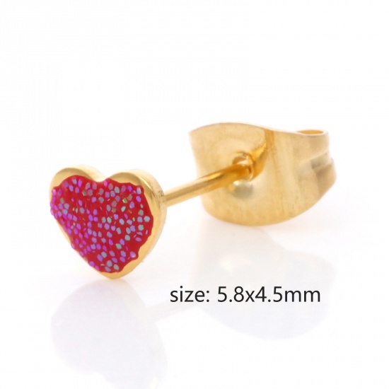 Picture of 316 Stainless Steel Valentine's Day Ear Post Stud Earrings Gold Plated Multicolor Glitter Heart Enamel 5.8mm x 4.5mm