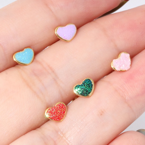 Picture of 316 Stainless Steel Valentine's Day Ear Post Stud Earrings Gold Plated Multicolor Glitter Heart Enamel 5.8mm x 4.5mm