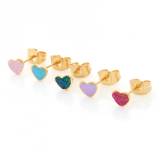 Picture of 316 Stainless Steel Valentine's Day Ear Post Stud Earrings Gold Plated Multicolor Glitter Heart Enamel 5.8mm x 4.5mm