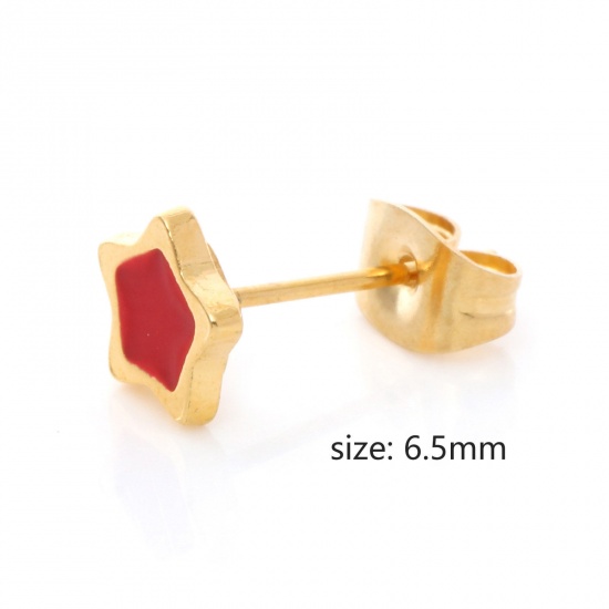 Picture of 316 Stainless Steel Stylish Ear Post Stud Earrings Gold Plated Multicolor Pentagram Star Enamel 6.5mm Dia.