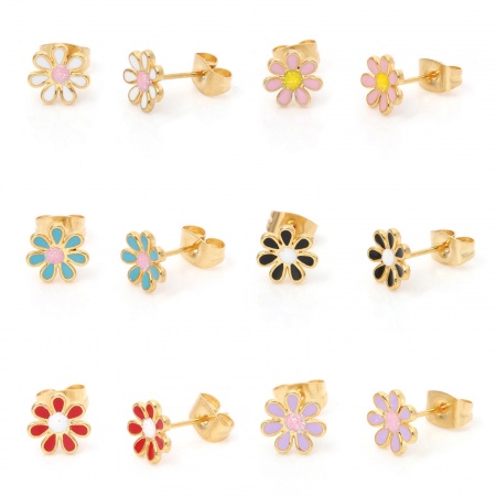 316 Stainless Steel Stylish Ear Post Stud Earrings Gold Plated Multicolor Glitter Flower Enamel 6mm Dia.