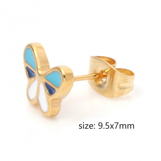 Image de Boucles d'Oreilles Puces en 316 Acier Inoxydable Insecte Doré Multicolore Papillon Émail 9.5mm x 7mm , Epaisseur de Fil: (21 gauge), 1 Paire