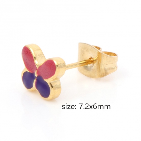 Image de Boucles d'Oreilles Puces en 316 Acier Inoxydable Insecte Doré Multicolore Papillon Émail 7.2mm x 6mm , Epaisseur de Fil: (21 gauge), 1 Paire