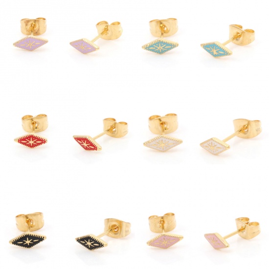 Imagen de 316 Acero Inoxidable Elegante Pendientes Chapado en Oro Multicolor Diamond Esmalte 8.3mm x 3.8mm, Post/ Wire Size: (21 gauge), 1 Par