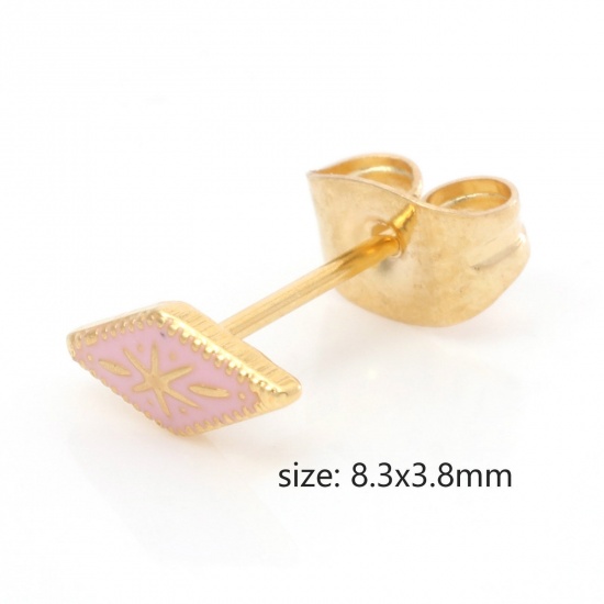 Imagen de 316 Acero Inoxidable Elegante Pendientes Chapado en Oro Multicolor Diamond Esmalte 8.3mm x 3.8mm, Post/ Wire Size: (21 gauge), 1 Par